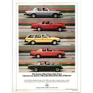 1980 Mercedes Diesel Car Lineup Vintage Print Ad German Import 80s Wall Art